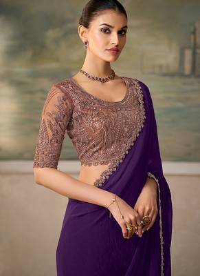 Dark purple faux  georgette saree with embroidered border & rose-gold blouse 2
