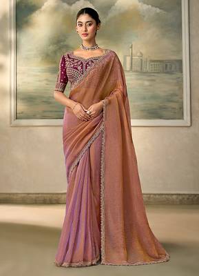 Rose gold metallic faux georgette saree with embroidered wine blouse 1