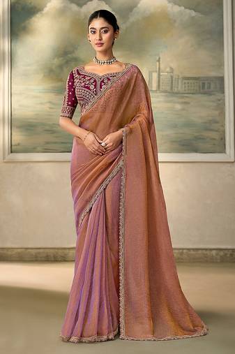 Rose gold metallic faux georgette saree with embroidered wine blouse