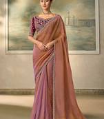 Rose gold metallic faux georgette saree with embroidered wine blouse