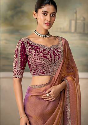 Rose gold metallic faux georgette saree with embroidered wine blouse 2