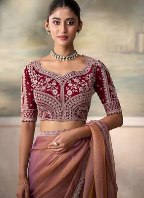 Rose gold metallic faux georgette saree with embroidered wine blouse 3