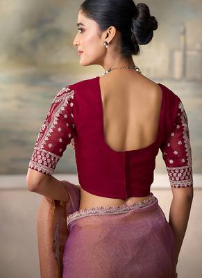 Rose gold metallic faux georgette saree with embroidered wine blouse 4