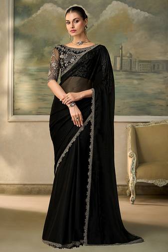 Black faux chiffon saree with embroidered cutwork border & blouse