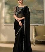 Black faux chiffon saree with embroidered cutwork border & blouse