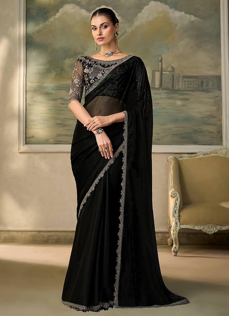 Black faux chiffon saree with embroidered cutwork border & blouse
