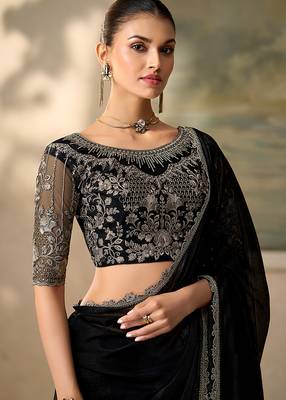Black faux chiffon saree with embroidered cutwork border & blouse 2