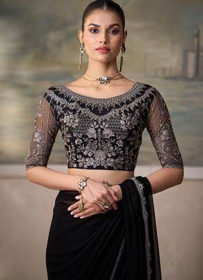 Black faux chiffon saree with embroidered cutwork border & blouse 3