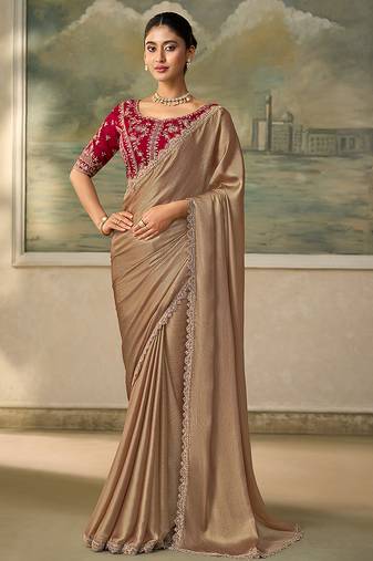 Chiku faux chiffon saree with rich red embroidered blouse