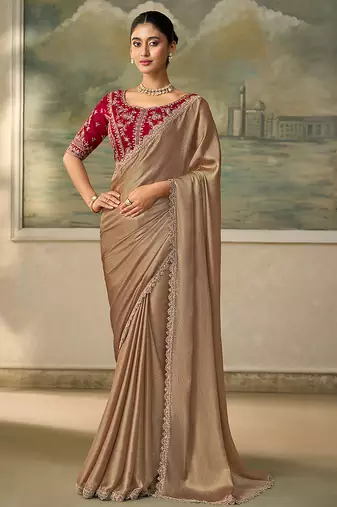 Chiku faux chiffon saree with rich red embroidered blouse