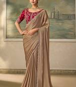 Chiku faux chiffon saree with rich red embroidered blouse