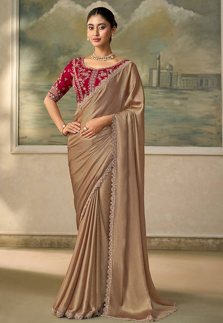 Chiku faux chiffon saree with rich red embroidered blouse