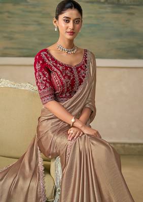 Chiku faux chiffon saree with rich red embroidered blouse 2