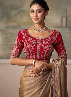 Chiku faux chiffon saree with rich red embroidered blouse 3