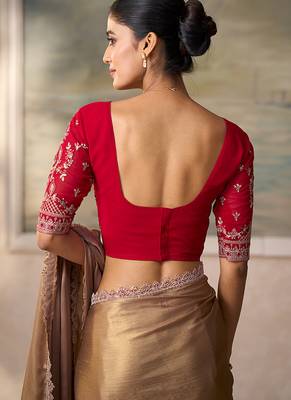 Chiku faux chiffon saree with rich red embroidered blouse 4