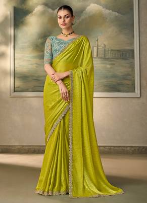 Lime green shimmer faux satin saree with sky blue embroidered blouse 1