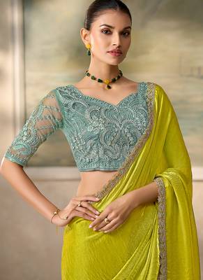 Lime green shimmer faux satin saree with sky blue embroidered blouse 2