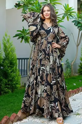 Black floral printed chinon anarkali gown for women
