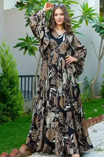 Black floral printed chinon anarkali gown for women