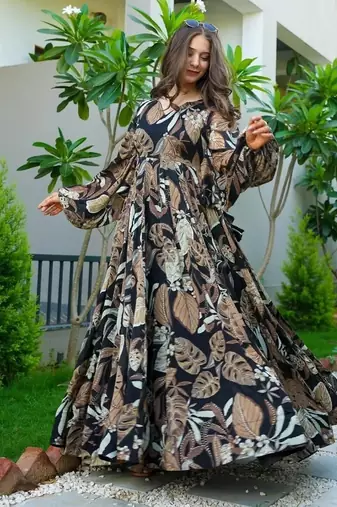 Black floral printed chinon anarkali gown for women