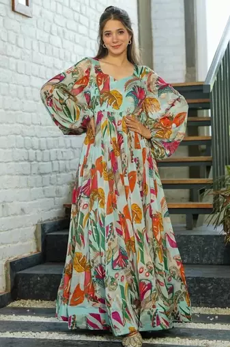 Multicolor floral printed chinon anarkali gown for women