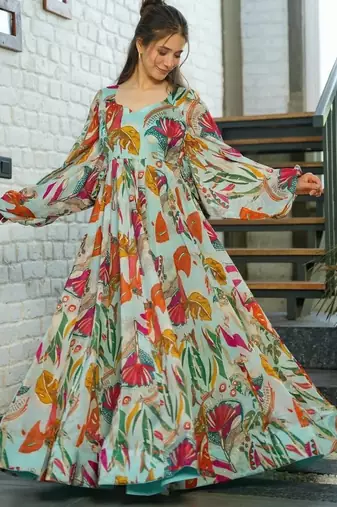 Multicolor floral printed chinon anarkali gown for women