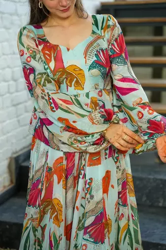 Multicolor floral printed chinon anarkali gown for women