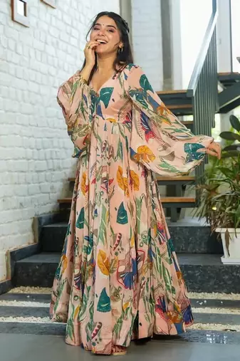 Multicolor floral printed chinon anarkali gown for women
