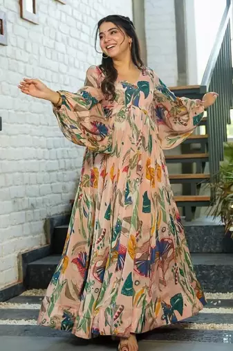Multicolor floral printed chinon anarkali gown for women