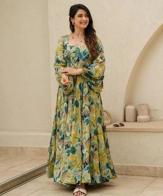 Multicolor floral printed chinon anarkali gown for women 1