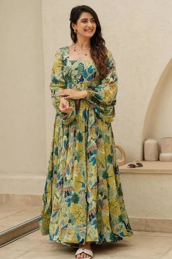 Multicolor floral printed chinon anarkali gown for women