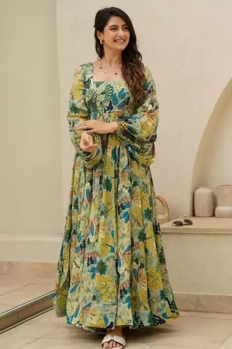 Multicolor floral printed chinon anarkali gown for women