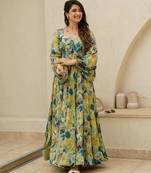 Multicolor floral printed chinon anarkali gown for women