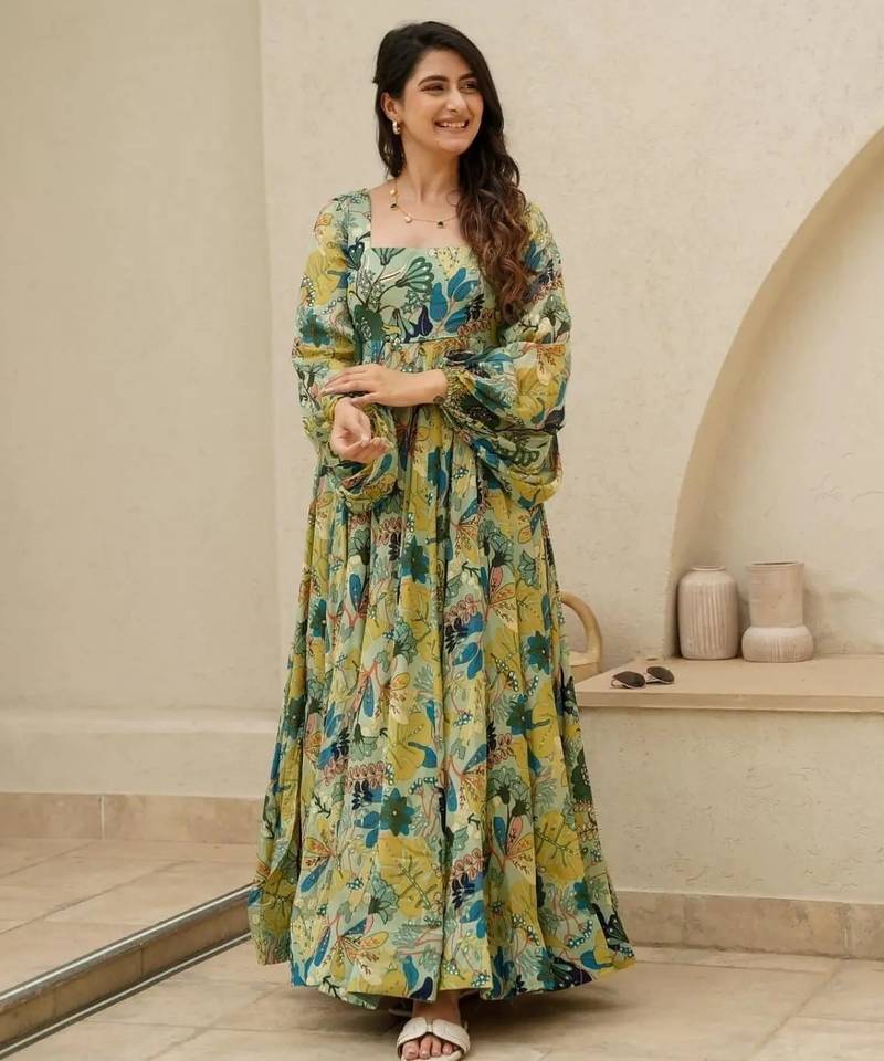 Multicolor floral printed chinon anarkali gown for women