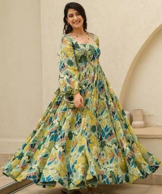 Multicolor floral printed chinon anarkali gown for women 2