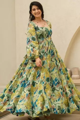 Multicolor floral printed chinon anarkali gown for women