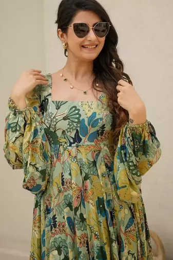 Multicolor floral printed chinon anarkali gown for women
