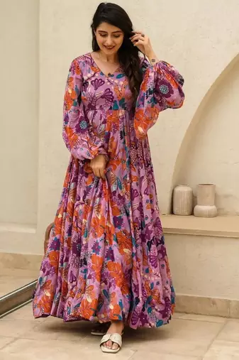 Pink floral printed chinon anarkali gown for women