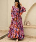 Pink floral printed chinon anarkali gown for women