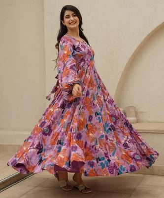 Pink floral printed chinon anarkali gown for women 2