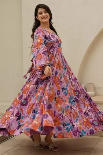 Pink floral printed chinon anarkali gown for women