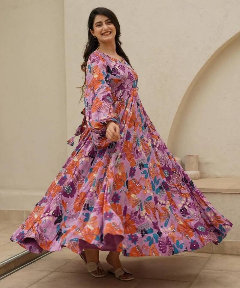 Pink floral printed chinon anarkali gown for women