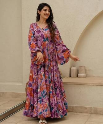 Pink floral printed chinon anarkali gown for women 3