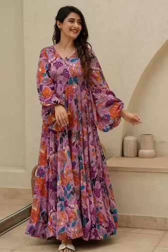 Pink floral printed chinon anarkali gown for women