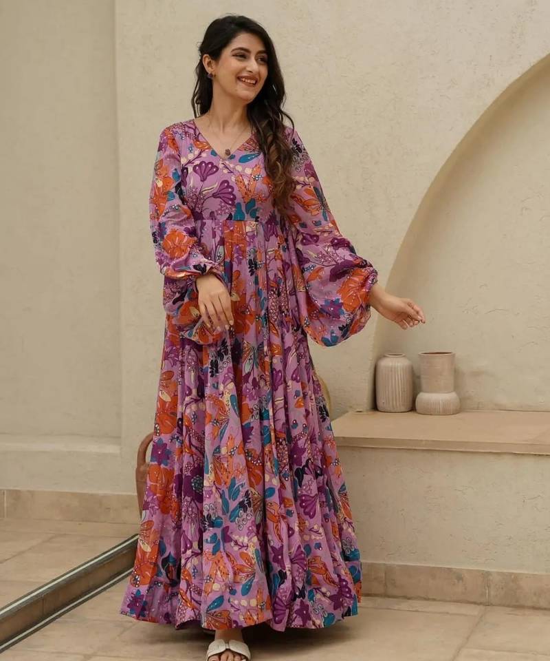 Pink floral printed chinon anarkali gown for women