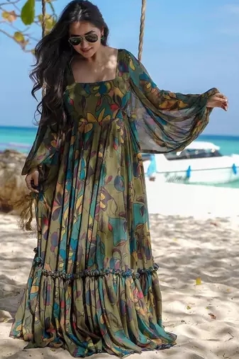Multicolor floral printed georgette anarkali gown for women