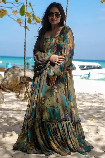 Multicolor floral printed georgette anarkali gown for women