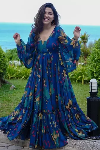 Blue floral printed georgette anarkali gown for women