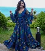 Blue floral printed georgette anarkali gown for women