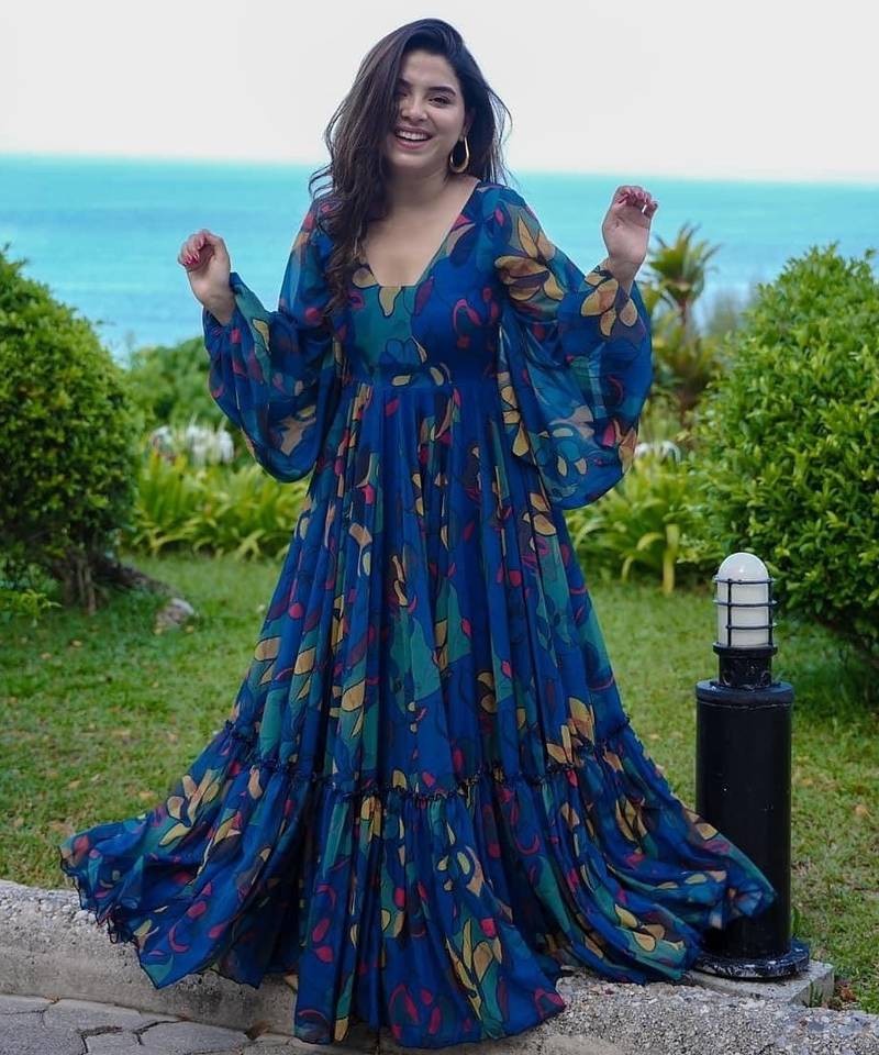 Blue floral printed georgette anarkali gown for women